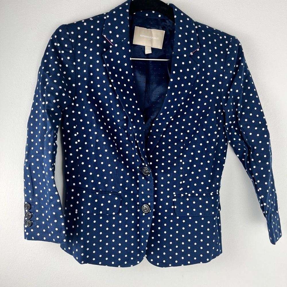 Banana Republic Blazer Womens XS Navy Blue White Polka Dot Linen Cotton Jacket
